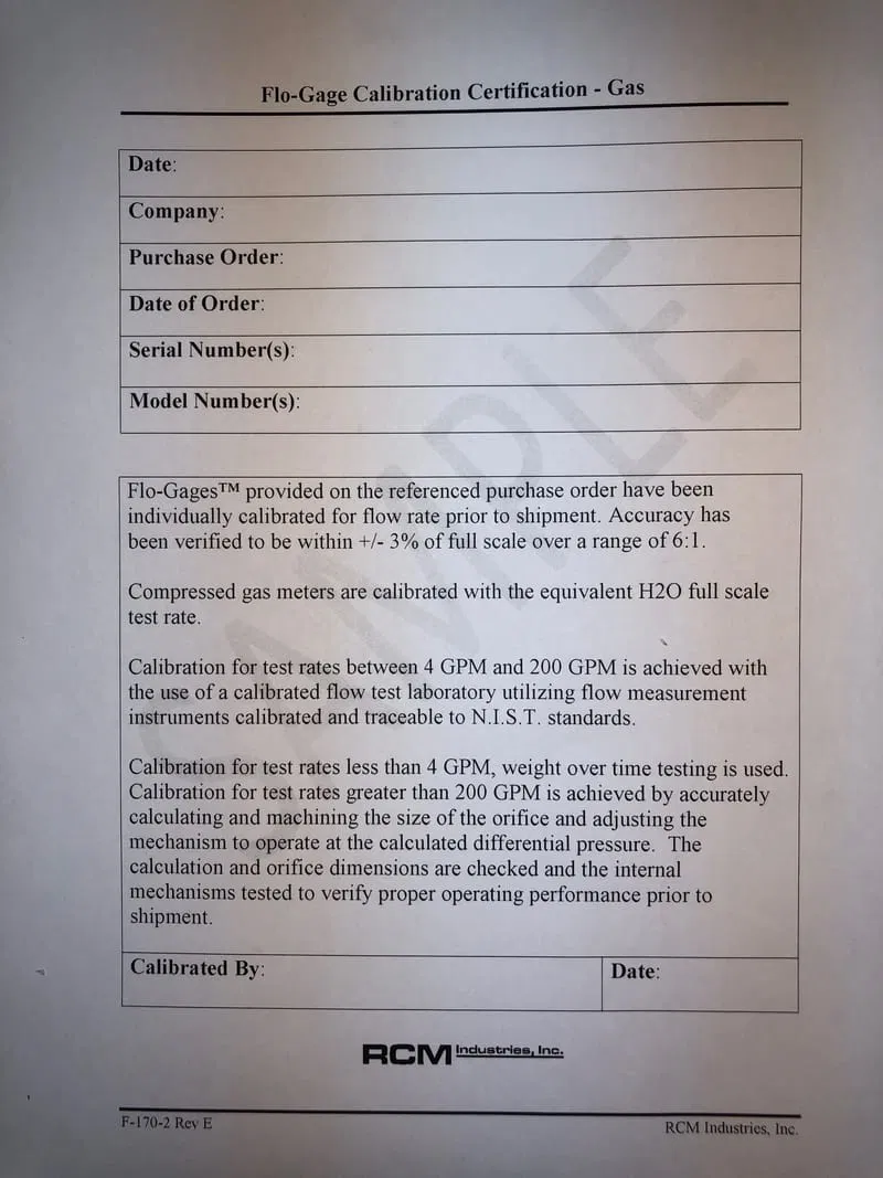 Product: Standard Calibration Certificate - Gases - RCM Industries, Inc.