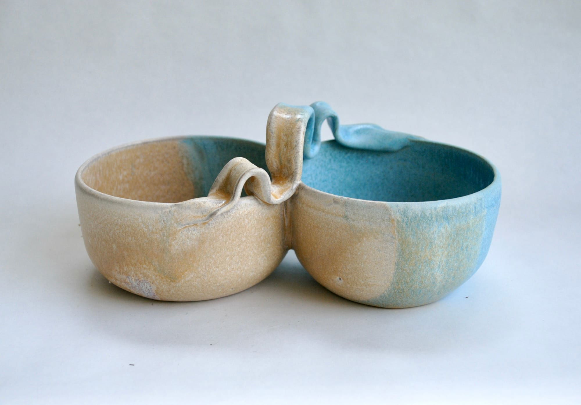 Turquoise and Beige Double Bowl Server with Handle
