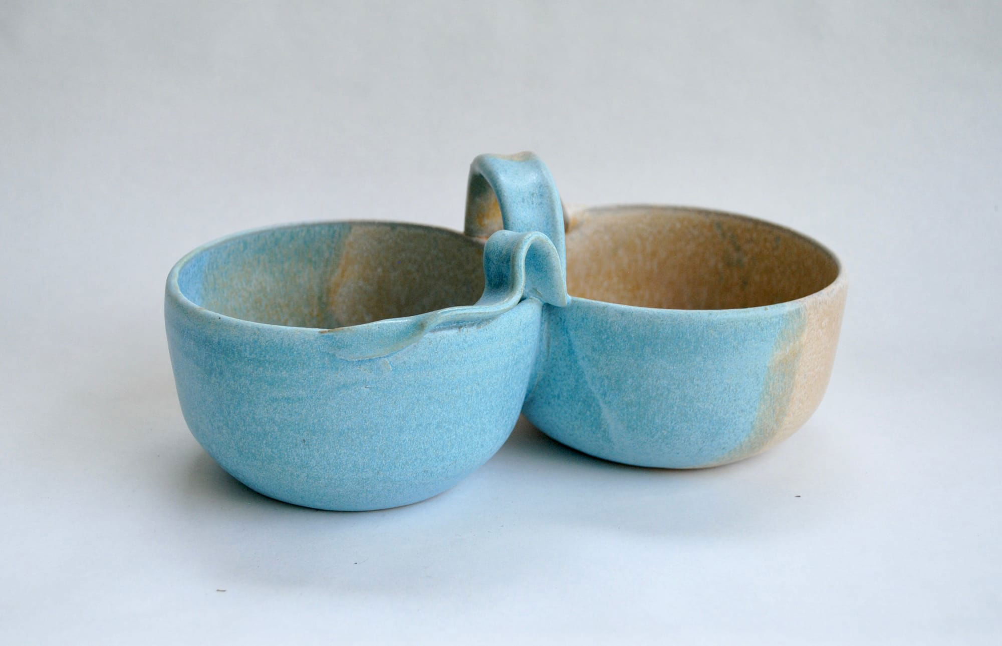 Turquoise and Beige Double Bowl Server with Handle