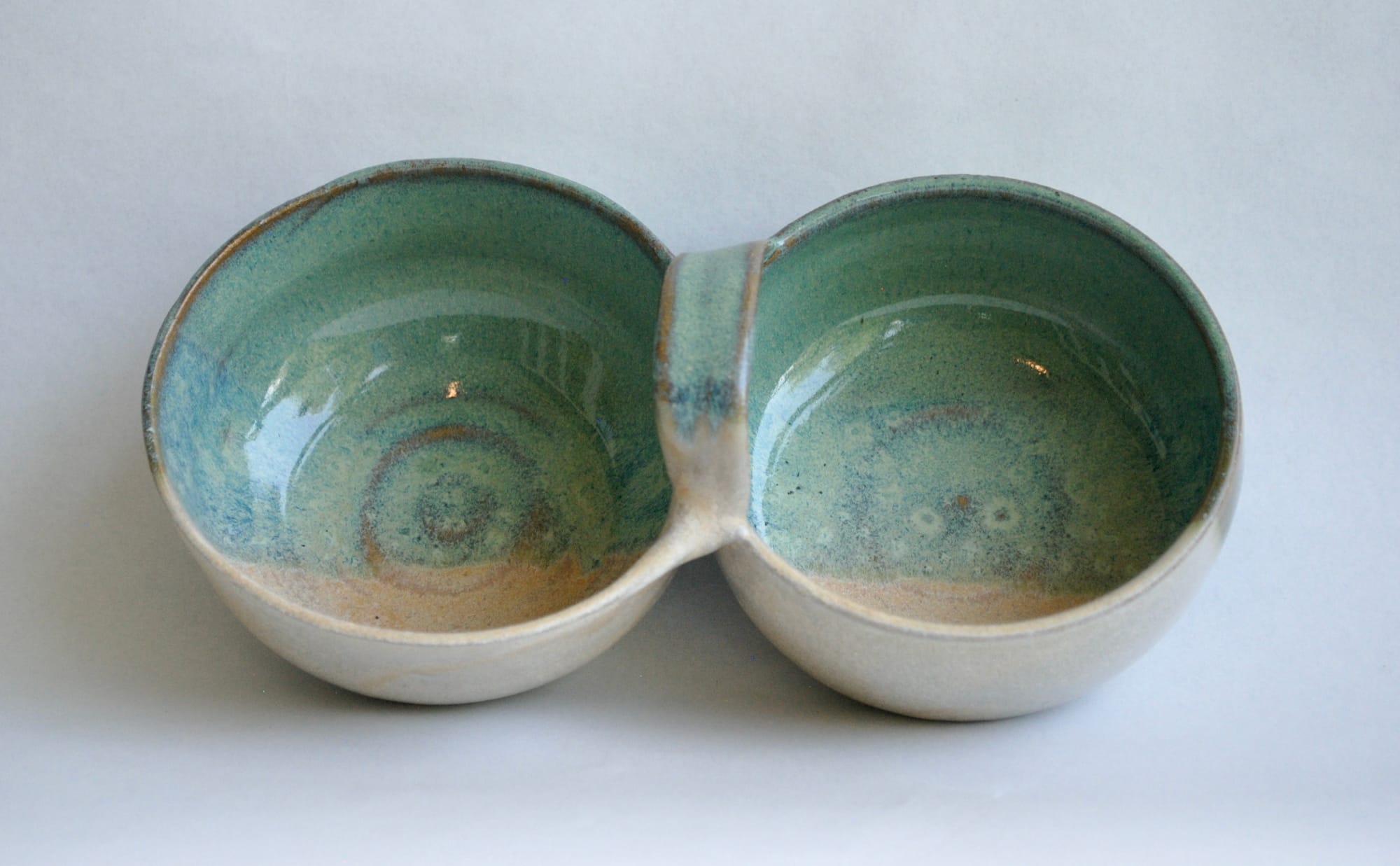 Teal and Creme Double Bowl Server with Handle