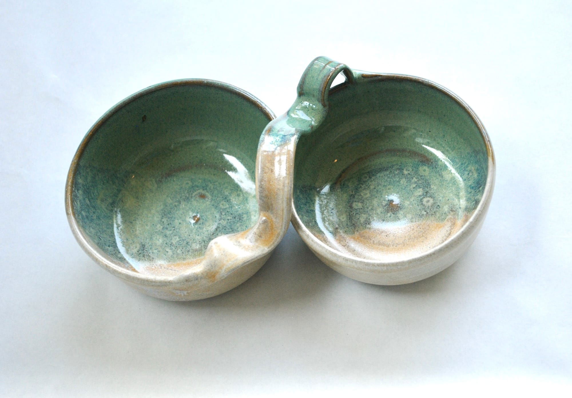 Teal and Creme Double Bowl Server with Handle